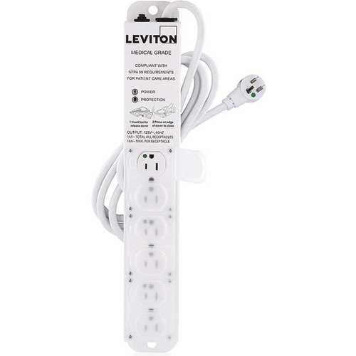 Leviton 5306M-1S7 125-Volt 15 Amp 7 ft. 14-3 SJT Cord Medical Grade Surge Protected 6-Outlet Power Strip, Beige