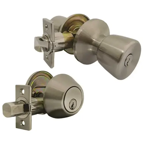 Steel Harbor 592 ETX2+D101X2 SN Satin Nickel Entry Door Knob with Single Cylinder Deadbolt Featuring Keyed Alike