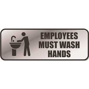 Cosco COS098205 9 in. x 3 in. Silver Brushed Metal Office Sign Employees Must Wash Hands