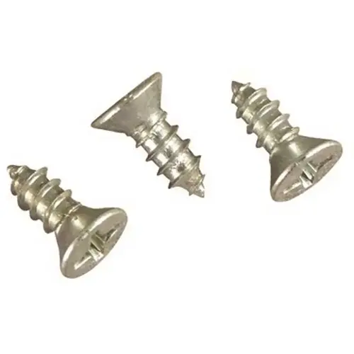 Special screw to attach window face guides. Made of steel. Zinc plated. Flat head Sheet metal screw Phillips head #6 x 3/8" size Chrome