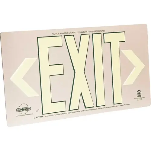 LumAware EG-EXIT-M-BA Brushed Metal Aluminum Energy-Free Photoluminescent UL Listed Emergency Exit Sign with LED Lighting Compliant Green