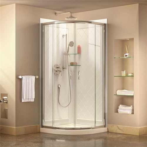 DreamLine DL-6152-01CL Prime 33 in. x 33 in. x 76.75 in. H Corner Semi-Frameless Sliding Shower Enclosure in Chrome with Base and Back Walls