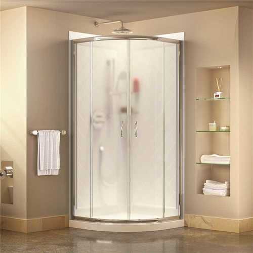 Prime 36 in. x 36 in. x 76.75 in. H Corner Framed Sliding Shower Enclosure in Chrome with Base and Back Walls