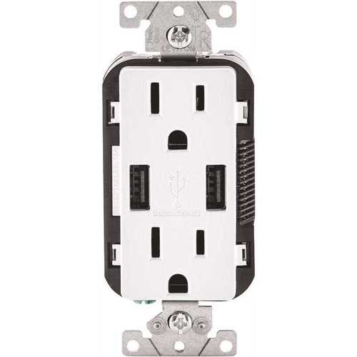 15 Amp Decora Combination Tamper Resistant Duplex Outlet and USB Charger, White - pack of 3