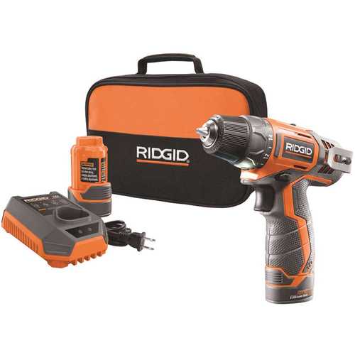 RIDGID R82005K 12-Volt Lithium-Ion 3/8 in. Cordless 2-Speed Drill Kit Orange