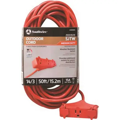 Tri-Source Vinyl Multiple Outlet Cord, 50 ft, 3 Outlets Red