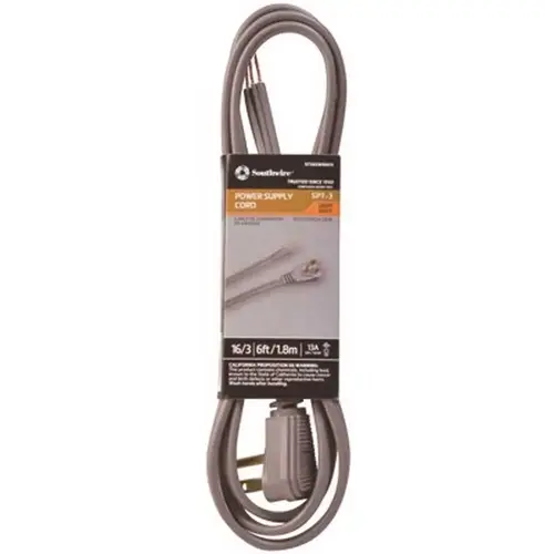 Flat Garbage Disposal Cord With Right Angle Plug, Spt-3, 16/3, 6 ft Gray