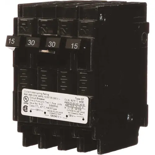 Triplex 2-Outer 15 Amp Single-Pole and 1-Inner 30 Amp Double-Pole Circuit Breaker Black