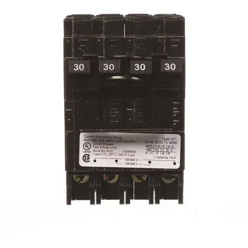 Quadplex 1-Outer 30 Amp Double-Pole and 1-Inner 30 Amp Double-Pole Circuit Breaker Black