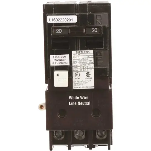 20 Amp Double-Pole Type QPF GFCI Circuit Breaker