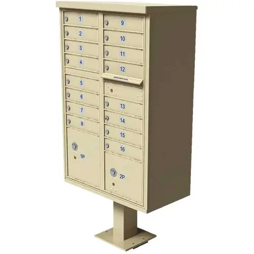 Florence 1570-16SDAF Vital 1570 Series 16 Mailboxes, 1 Outgoing Mail Compartment, 2 Parcel Lockers Pedestal Mount Cluster Box Unit Sandstone