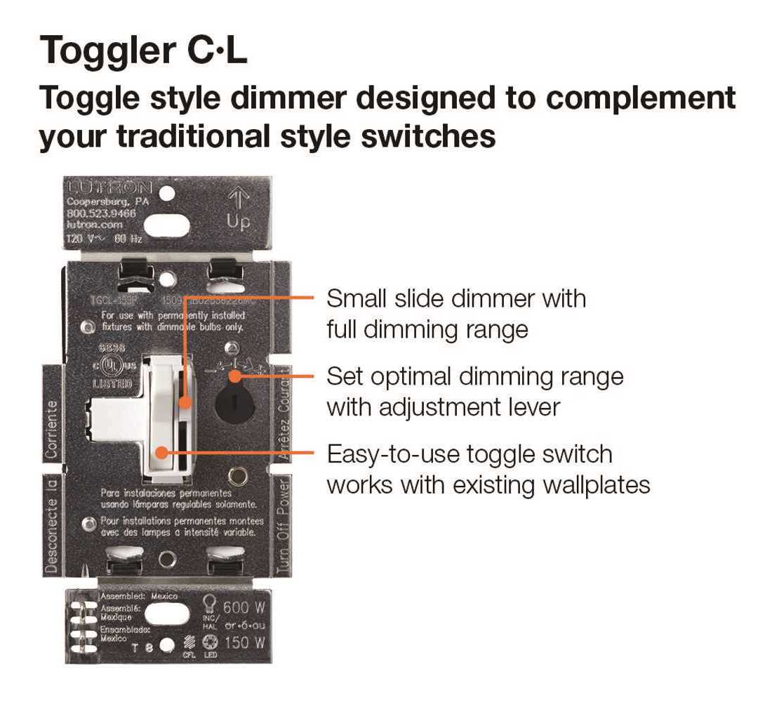 lutron tgcl 153pr wh single pole or 3 way toggler c l dimmer switch for dimmable led halogen and incandescent bulbs white
