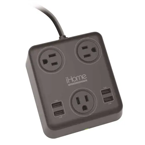 iHome Hi20B 3-Outlet Triple Charging Power Plug with 4-USB Charging Ports Black