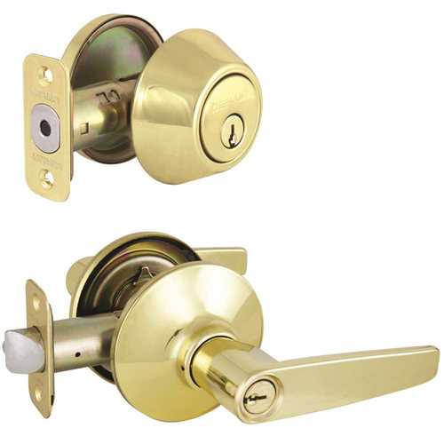 Olympic Polished Brass Entry Lever and Single Cylinder Deadbolt Combo Pack