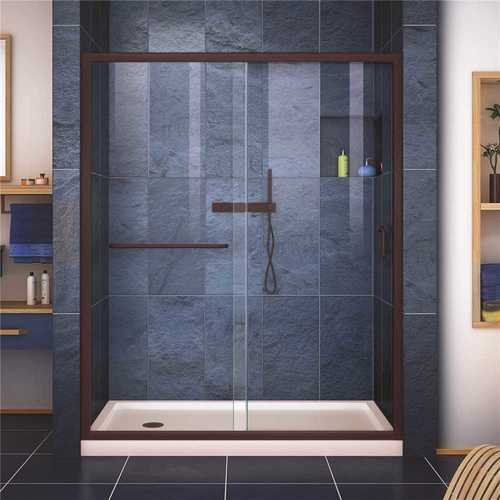 Infinity-Z 32 in. x 60 in. Semi-Frameless Sliding Shower Door in Oil Rubbed Bronze with Left Drain Base in Biscuit