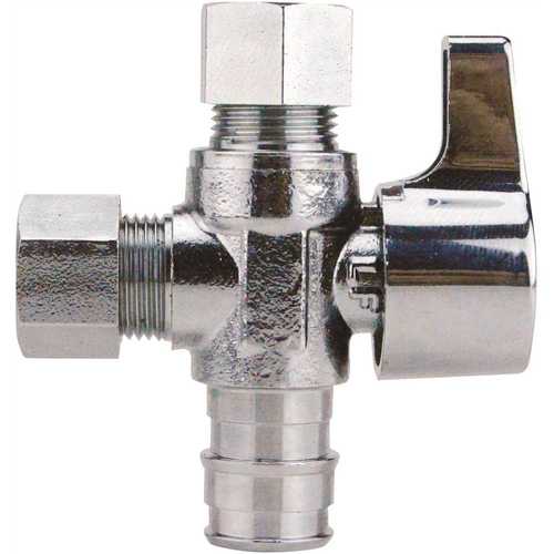 Apollo EPXVS123838C 1/2 in. Chrome-Plated Brass PEX-A Barb x 3/8 in. Compression Dual Outlet Quarter-Turn Straight Stop Valve