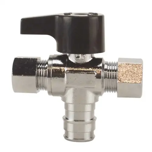 Apollo EPXVT123838C 1/2 in. Chrome-Plated Brass PEX-A Barb x 3/8 in. Compression Dual Outlet Quarter-Turn Angle Stop Valve