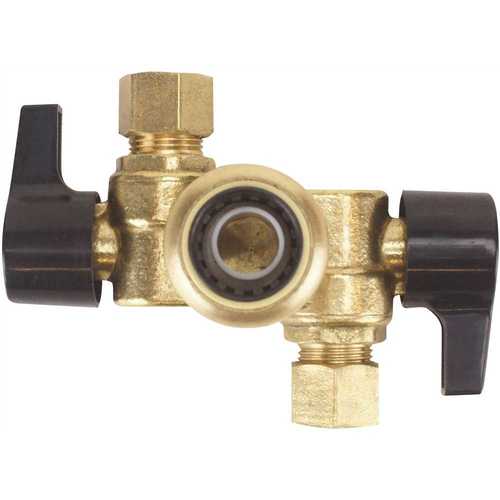 1/2 in. Brass Push-To-Connect x 3/8 in. O.D. Compression Dual Opposed Outlet Dual Shut-Off Quarter-Turn Stop Valve