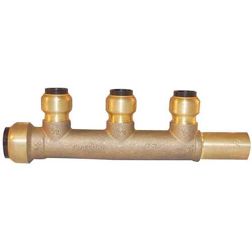 Tectite FSBM3PTO 3/4 in. Brass Push-To-Connect Inlet x 3/4 in. CTS Stem 3-Port Open Manifold with 1/2 Brass Push-To-Connect Outlets