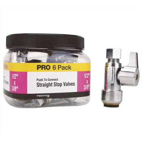 1/2 in. Chrome-Plated Brass Push-To-Connect x 3/8 in. O.D. Compression Quarter-Turn Straight Stop Valve Jar - pack of 6