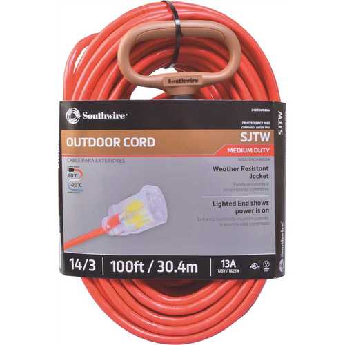 Southwire 2489sw8804 100 ft. 14/3 SJTW Medium-Duty 13-Amp General Purpose Extension Cord with Lighted End