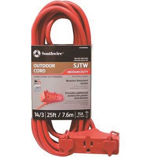 25 ft. 14/3 Outdoor Triple Outlet SJTW Extension Cord, Red