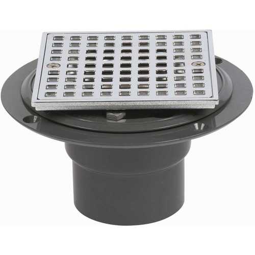 Oatey 423202 PVC Shower Drain with Chrome Barrel and Square 4-3/16 in. Chrome Strainer