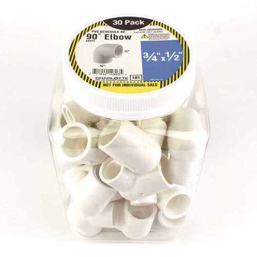 Charlotte Pipe 3/4 in. x 1/2 in. PVC Elbow SxF - Pack of 30