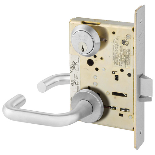 Institutional Privacy Unlocks with Door Close and Inside Lever and Inside Retracts Latchbolt Mortise Lock with J Lever and LN Rose Satin Chrome Finish