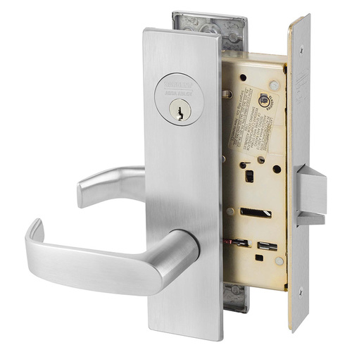 Institutional Privacy Unlocks with Door Close and Inside Lever and Inside Retracts Latchbolt Mortise Lock with L Lever and LE1 Escutcheon Satin Chrome Finish