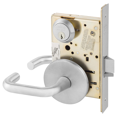 Institutional Privacy Unlocks with Inside Lever and Inside Retracts Latchbolt Mortise Lock with J Lever and L Rose Satin Chrome Finish