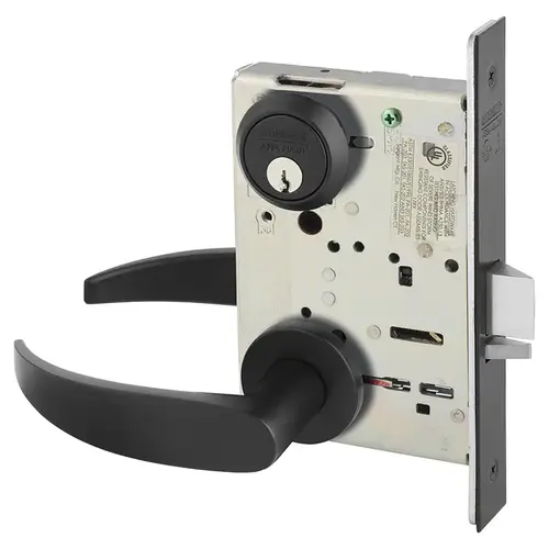 Classroom Mortise Lock with P Lever and LN Rose with LA Keyway Black Suede Powder Coat Finish