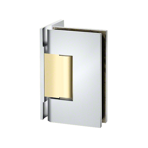 Designer Series Shower Door Wall Mount Hinge With Offset Back Plate Polished Chrome W/Brass Accents