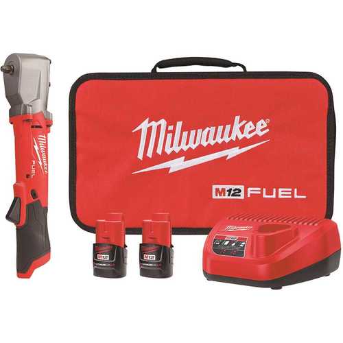 M12 FUEL 12-Volt Lithium-Ion Brushless Cordless 3/8 in. Right Angle Impact Wrench Kit with Two 2.0 Ah Batteries Red