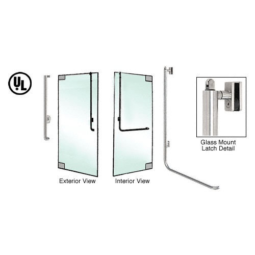 Polished Stainless Left Hand Reverse Glass Mount Keyed Access "J" Exterior, Top Securing Panic Handle