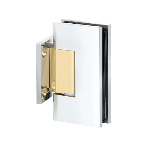 Maxum Series Glass To Wall Mount Shower Door Hinge With Short Back Plate Polished Chrome W/Brass Accents
