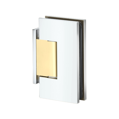 Maxum Series Glass To Wall Mount Shower Door Hinge With Offset Back Plate Polished Chrome W/Brass Accents