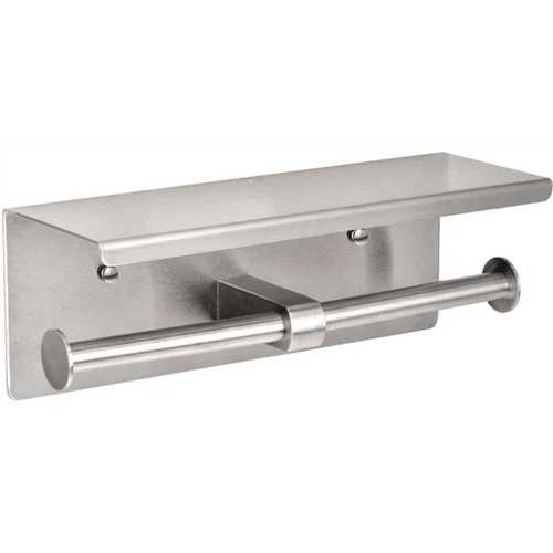 Double Post Toilet Paper Holder with Shelf Storage Rack in Brushed Stainless Steel