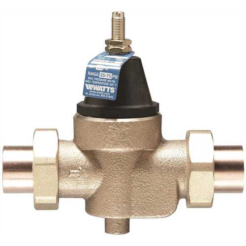 Watts 3/4 LFN45BM1-DU-S 3/4 in. Lead Free Water Pressure Reducing Valve, Double Union, Solder, Elastomer Disc, Max 400 psi, Adjust 25-75 psi