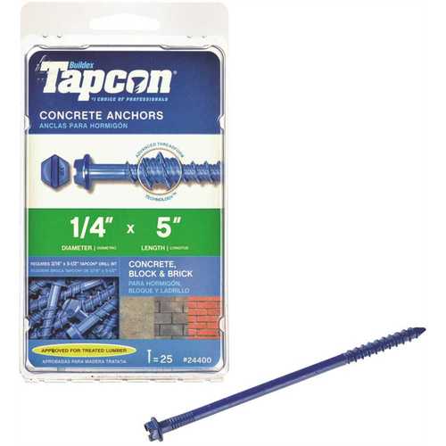 Tapcon 24400 1/4 in. x 5 in. Hex-Washer-Head Concrete Anchors - pack of 25