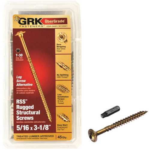 GRK Fasteners 112221 5/16 in. x 3-1/8 in. Star Drive Washer Head Rugged Structural Wood Screw - pack of 45