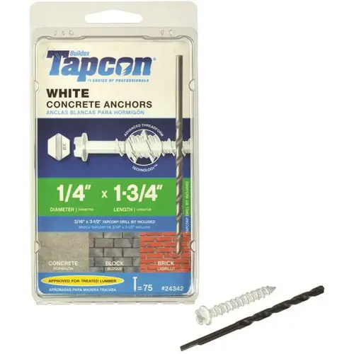 Tapcon 24342 1/4 in. x 1-3/4 in. White UltraShield Hex Washer-Head Concrete Anchors - pack of 75