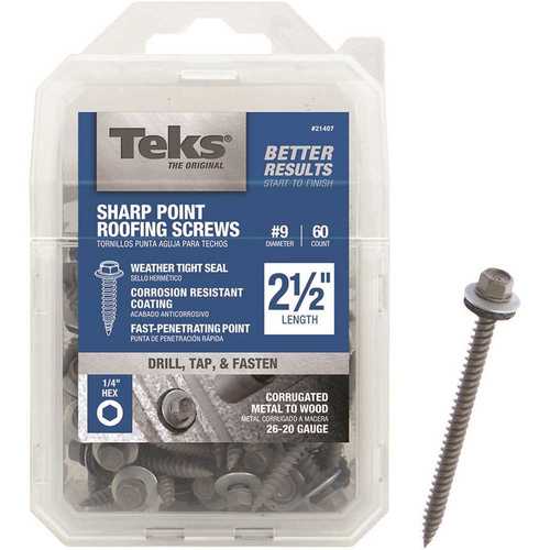 #9 x 2-1/2 in. External Hex Washer Head Sharp Point Roofing Screws with Washer (60-per Pack)