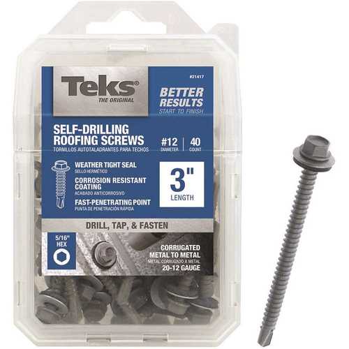 Tek 21417 #12 x 3 in. External Hex-Washer-Head Roofing Screw with Washer - pack of 40