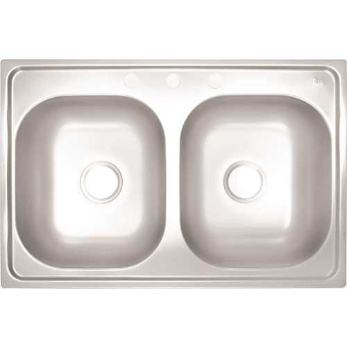 Proplus 81051323260 3-HOLE DOUBLE Basin KITCHEN SINK, 22-GAUGE, STAINLESS STEEL, 33 X 22 X 7 IN