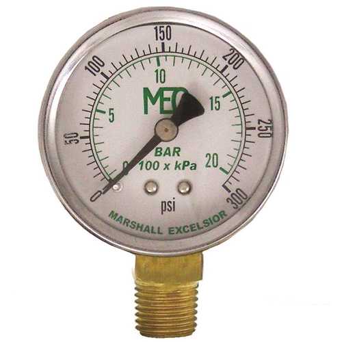 Dial Dry Pressure Gauge 0-300 psi, Brass Bottom Mount 1/4 in. MNPT, 2 in. Steel Case