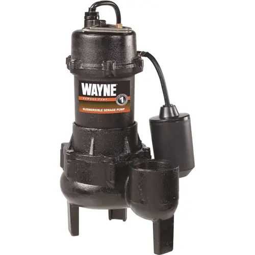 Wayne RPP50 Sewage Pump, 1-Phase, 15 A, 115 V, 0.5 hp, 2 in Outlet, 20 ft Max Head, 10,000 gph, Iron