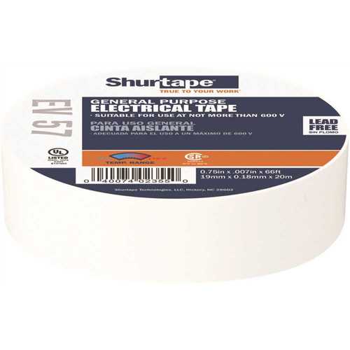 EV 57 General Purpose Electrical Tape, UL Listed, WHITE, 7 mils, 3/4 in. x 66 ft. []