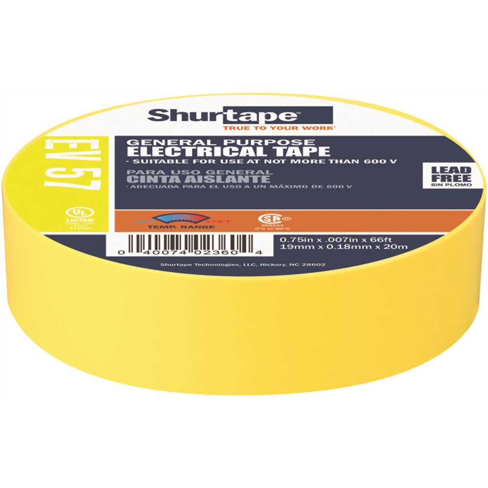 Shurtape 200788 EV 57 General Purpose Electrical Tape, UL Listed, YELLOW, 7 mils, 3/4 in. x 66 ft. []