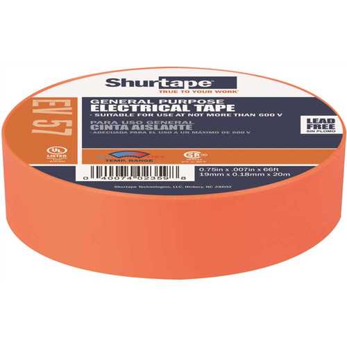Shurtape 200787 EV 57 General Purpose Electrical Tape, UL Listed, ORANGE, 7 mils, 3/4 in. x 66 ft.